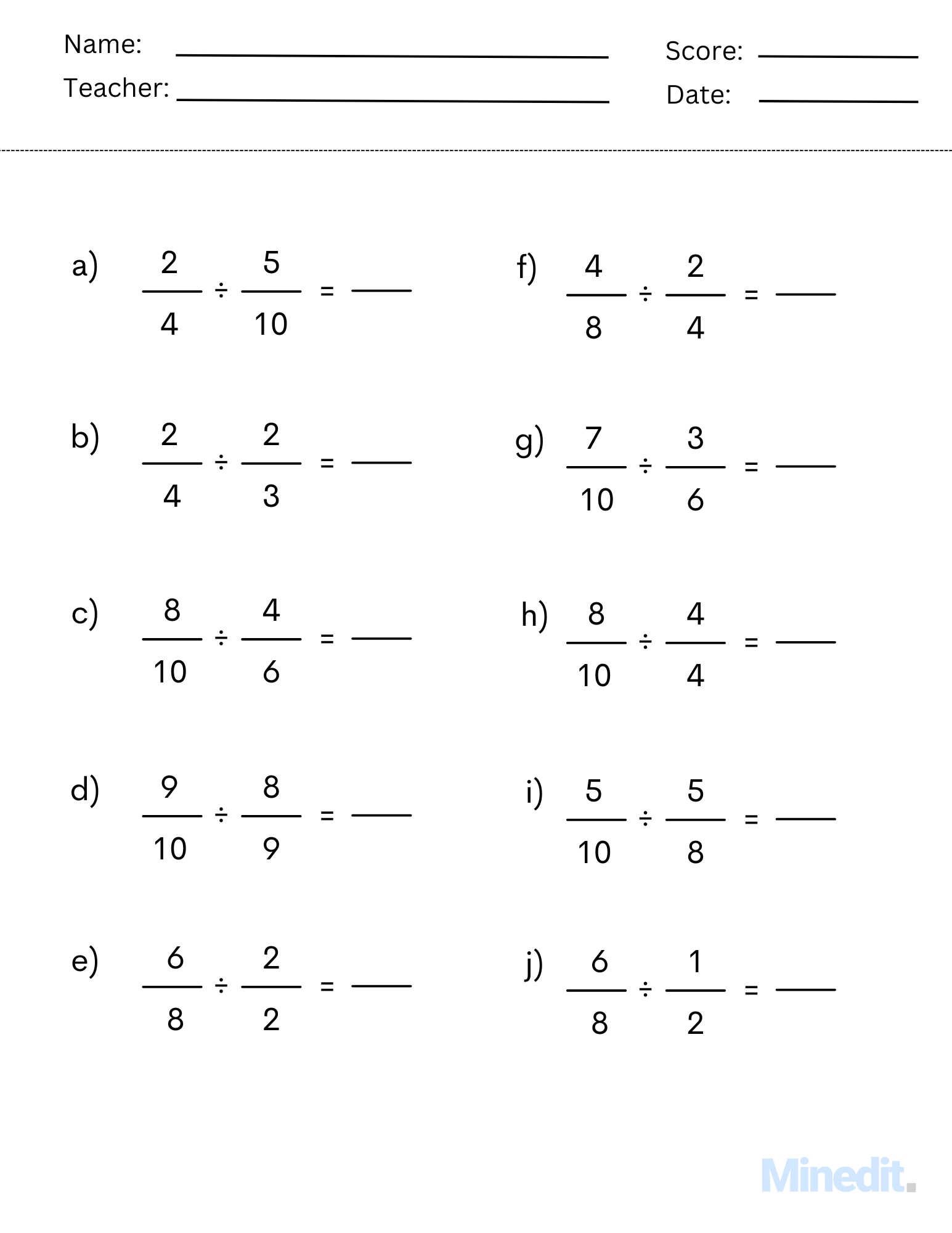 Dividing Fractions Worksheet